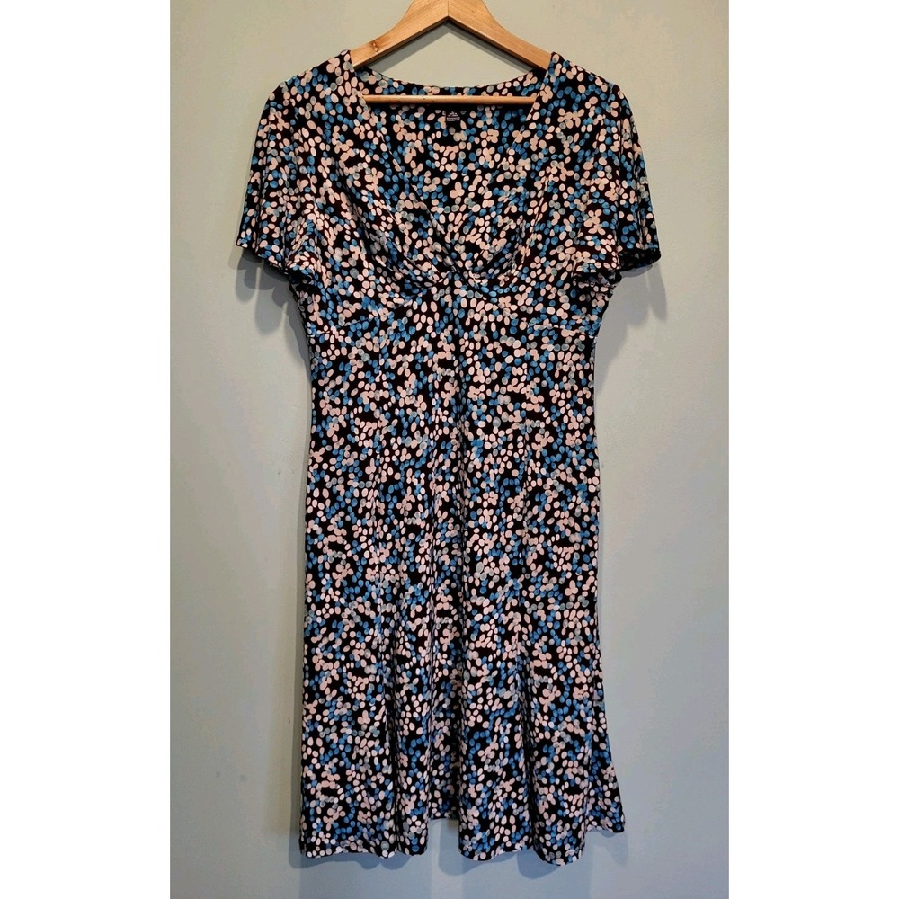 Y2K Brown Blue Polkadot  Babydoll Stretchy Midi Dress Chaps Sz L